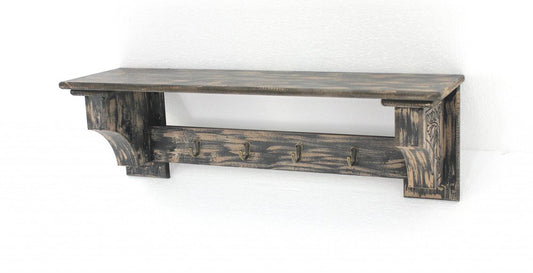 Perchero de pared de madera desgastada negra de 30" con cuatro ganchos