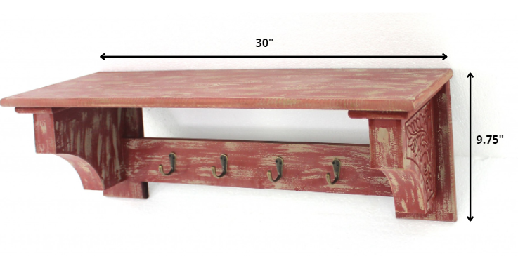 30" Black Distressed Wood Four Hook Wall Mounted Hanging Coat Rack
