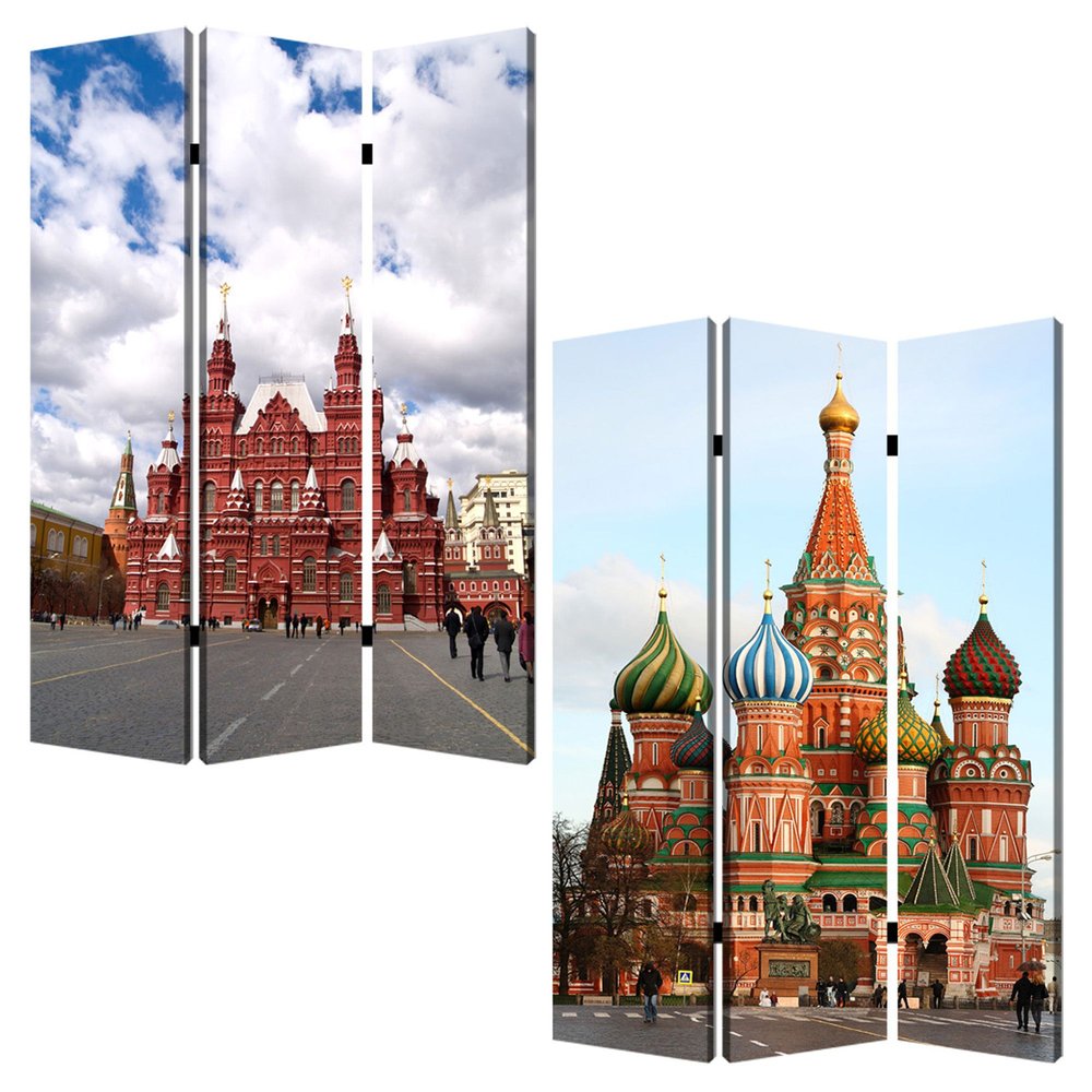 48" X 72" Red Blue and White Wood Canvas Russia Screen