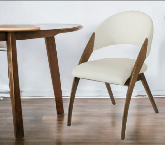 Set of Two Cream and Brown Upholstered Faux Leather Open Back Dining Arm Chairs