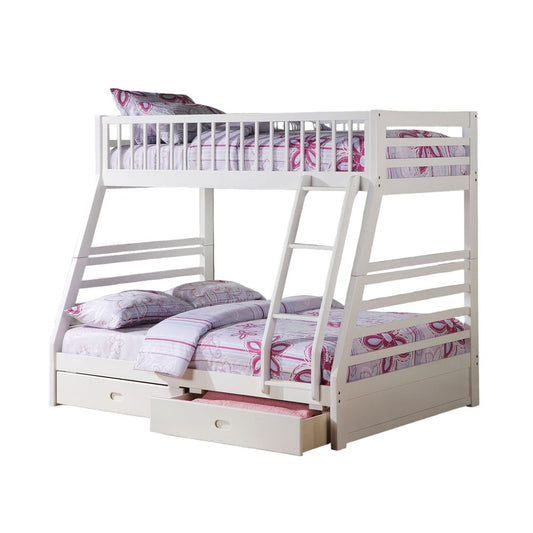 Litera de madera blanca con espacio de almacenamiento, dos camas individuales sobre una cama matrimonial