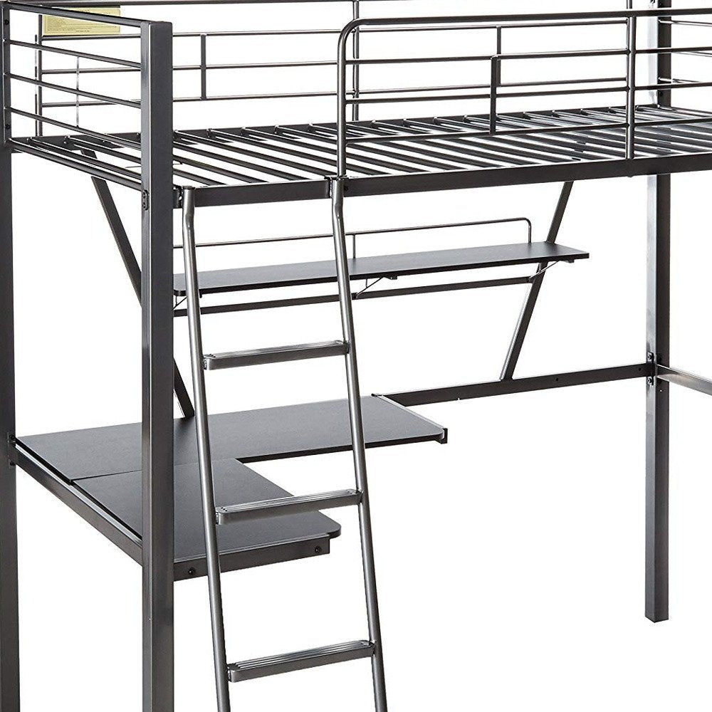 Cama alta de tubo de metal plateado y negro de 79" x 42" x 72" con escritorio