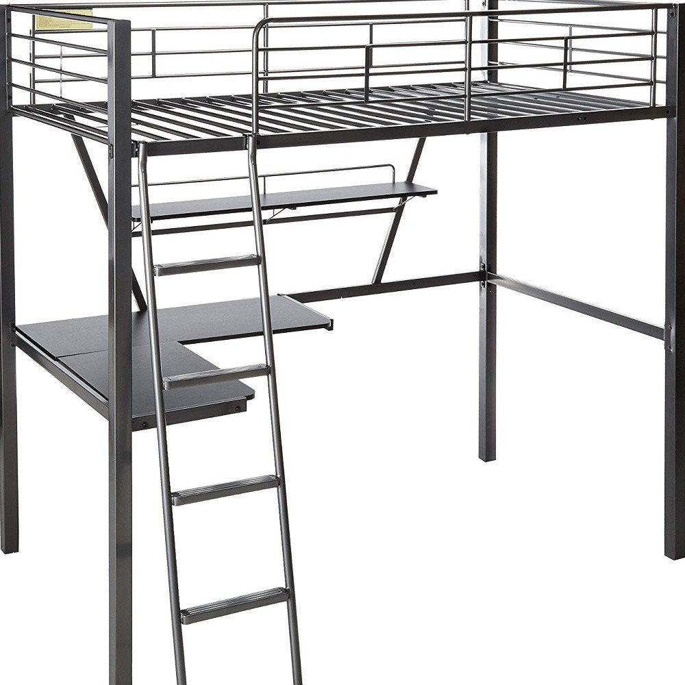 Cama alta de tubo de metal plateado y negro de 79" x 42" x 72" con escritorio
