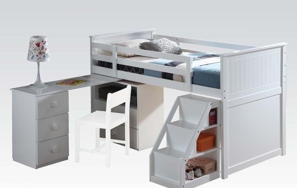 Cama alta blanca de 79" x 42" x 47" con cómoda y escritorio giratorio con escalera