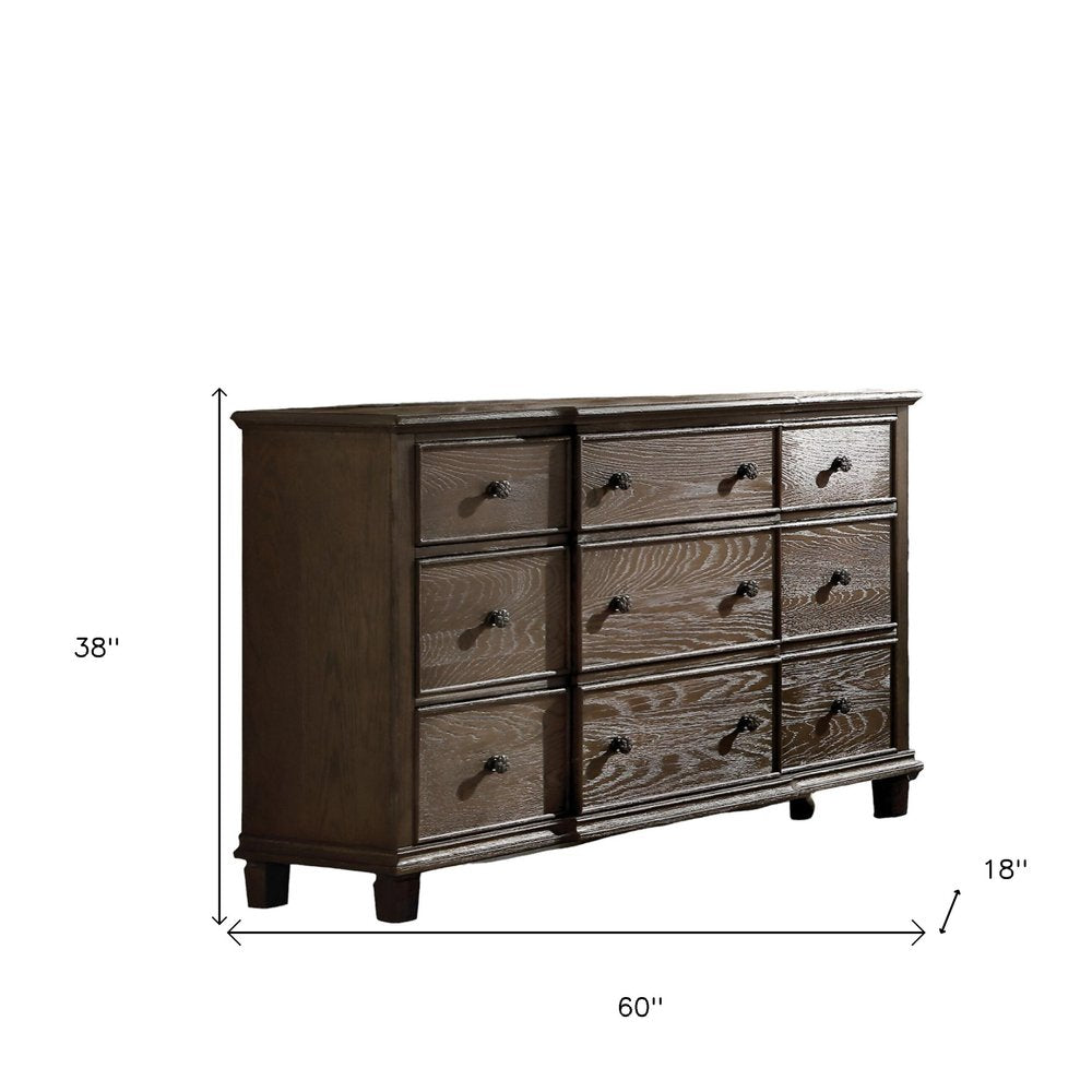 Cómoda doble de nueve cajones de madera maciza marrón oscuro de 60"