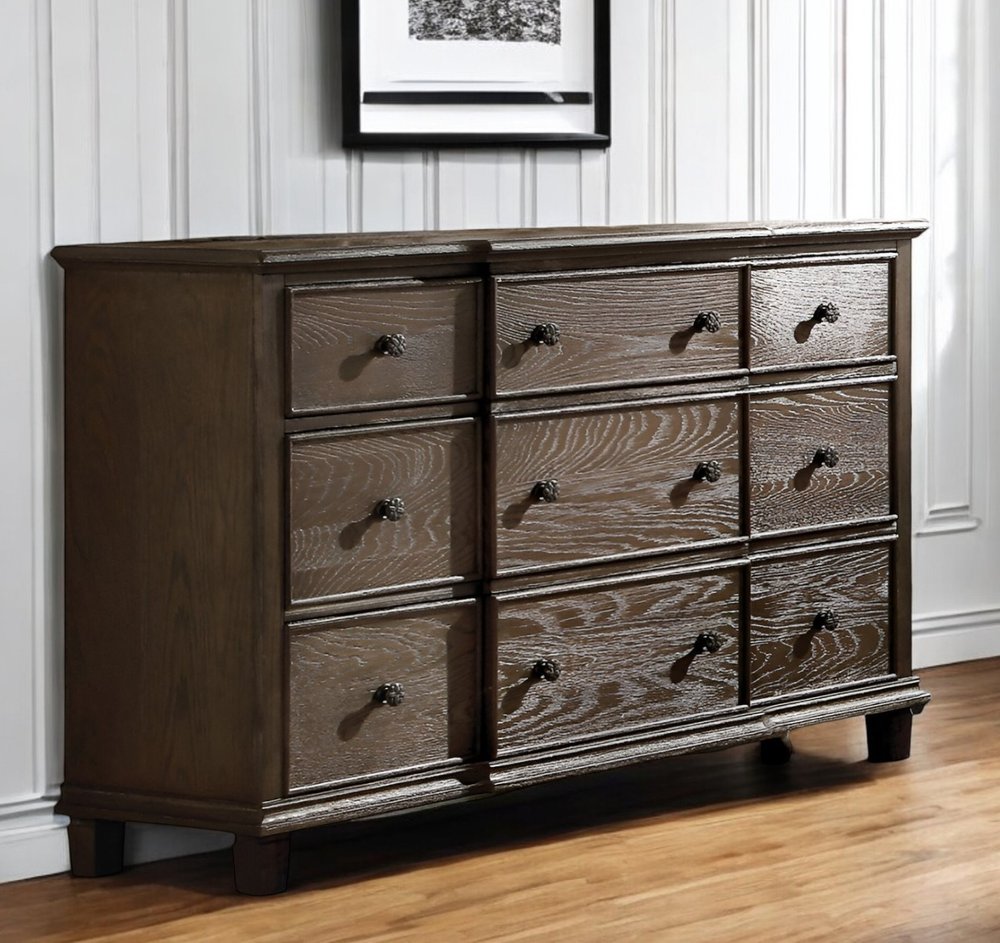 Cómoda doble de nueve cajones de madera maciza marrón oscuro de 60"