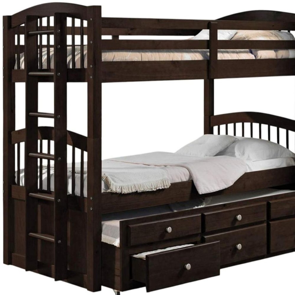 Litera Espresso Twin sobre Twin de madera maciza con cama nido y espacio de almacenamiento