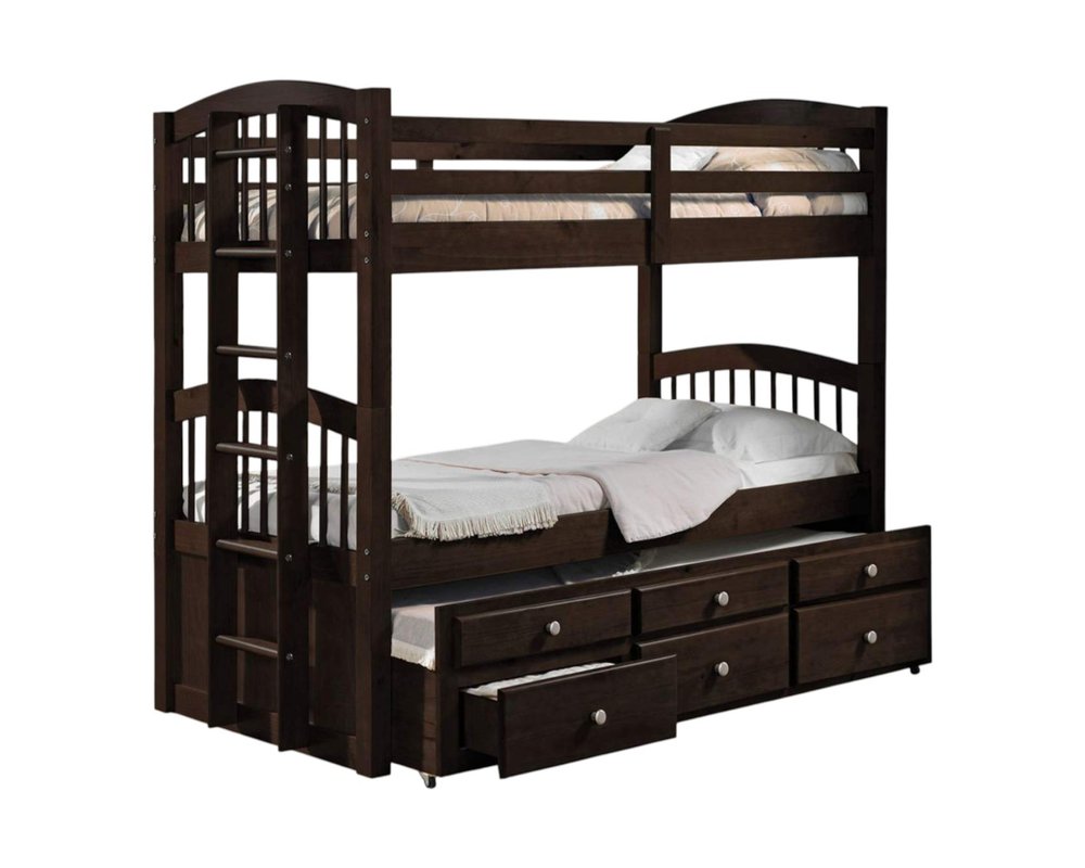 Litera Espresso Twin sobre Twin de madera maciza con cama nido y espacio de almacenamiento