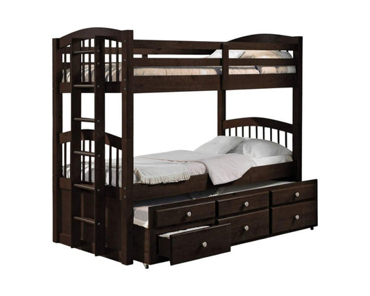 Litera Espresso Twin sobre Twin de madera maciza con cama nido y espacio de almacenamiento