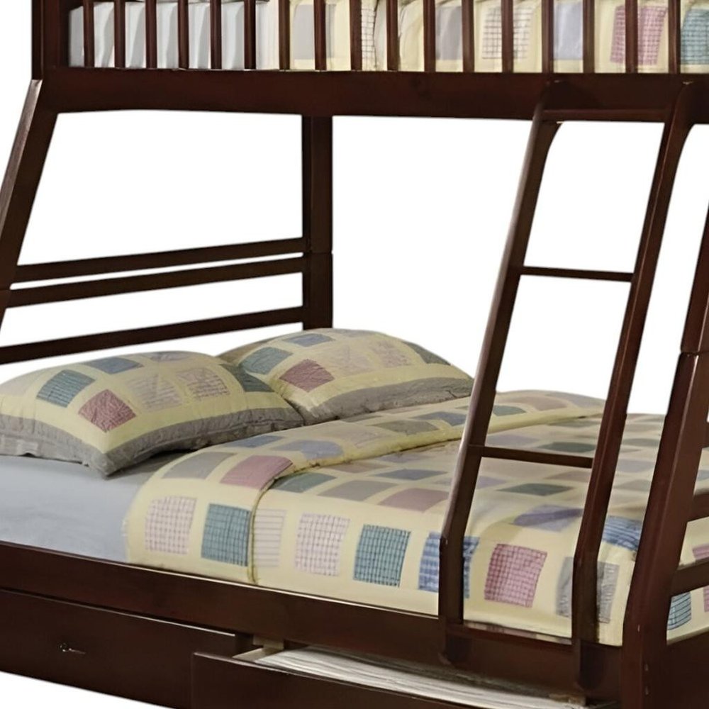 Litera Espresso de madera maciza con espacio de almacenamiento, dos camas individuales sobre una cama matrimonial