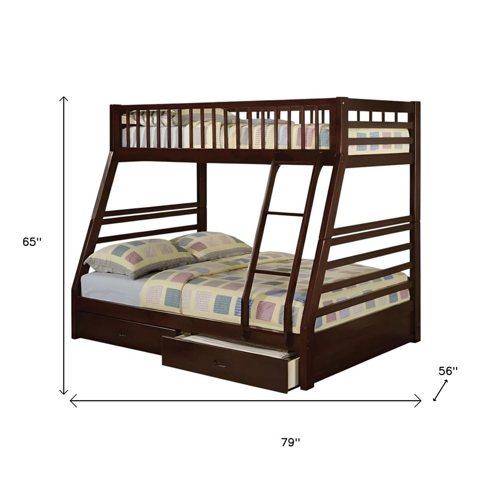 Litera Espresso de madera maciza con espacio de almacenamiento, dos camas individuales sobre una cama matrimonial