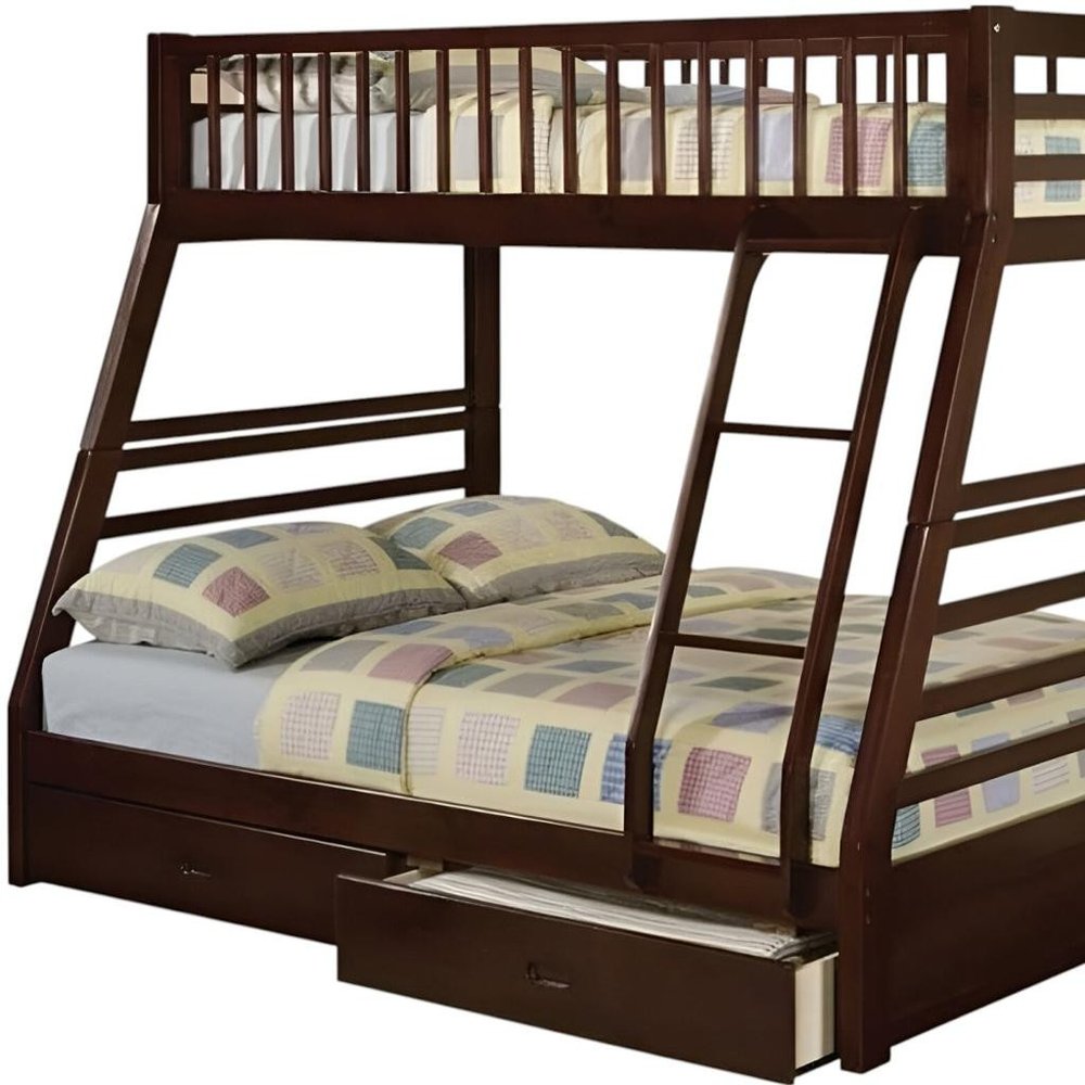Litera Espresso de madera maciza con espacio de almacenamiento, dos camas individuales sobre una cama matrimonial