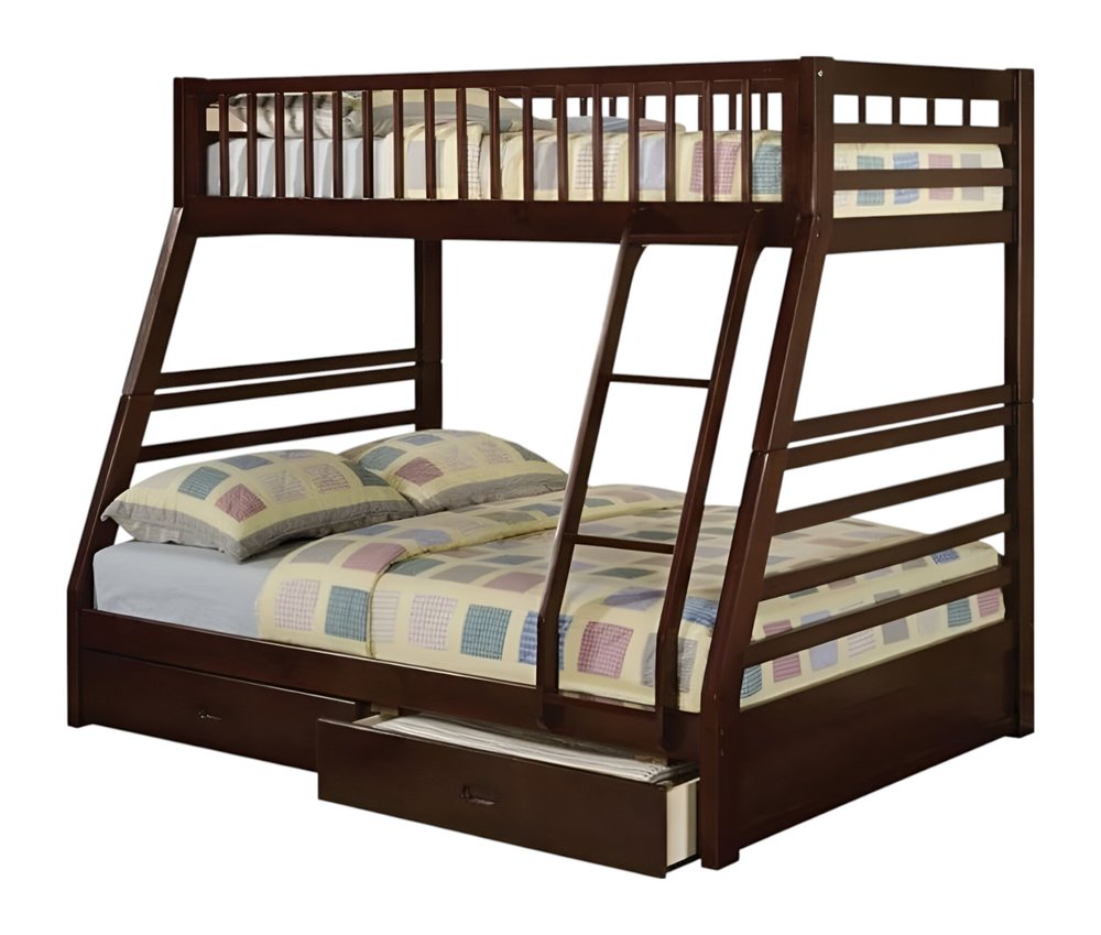 Litera Espresso de madera maciza con espacio de almacenamiento, dos camas individuales sobre una cama matrimonial