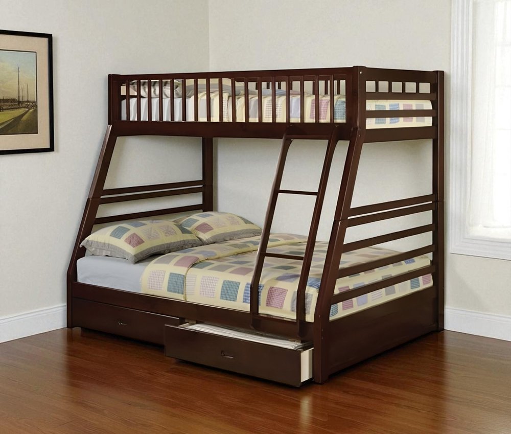 Litera Espresso de madera maciza con espacio de almacenamiento, dos camas individuales sobre una cama matrimonial