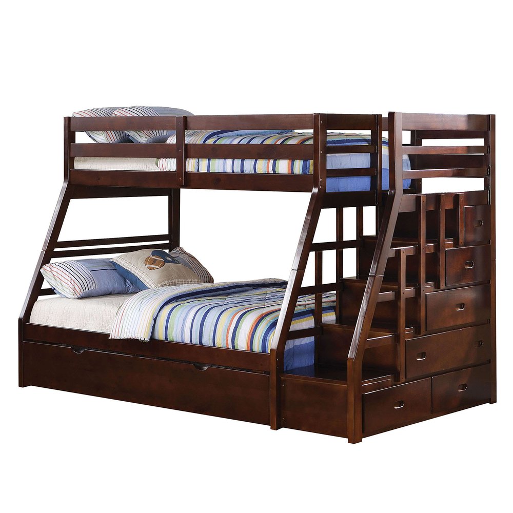 Litera Espresso de madera maciza con dos camas individuales sobre una cama matrimonial, cama nido y espacio de almacenamiento
