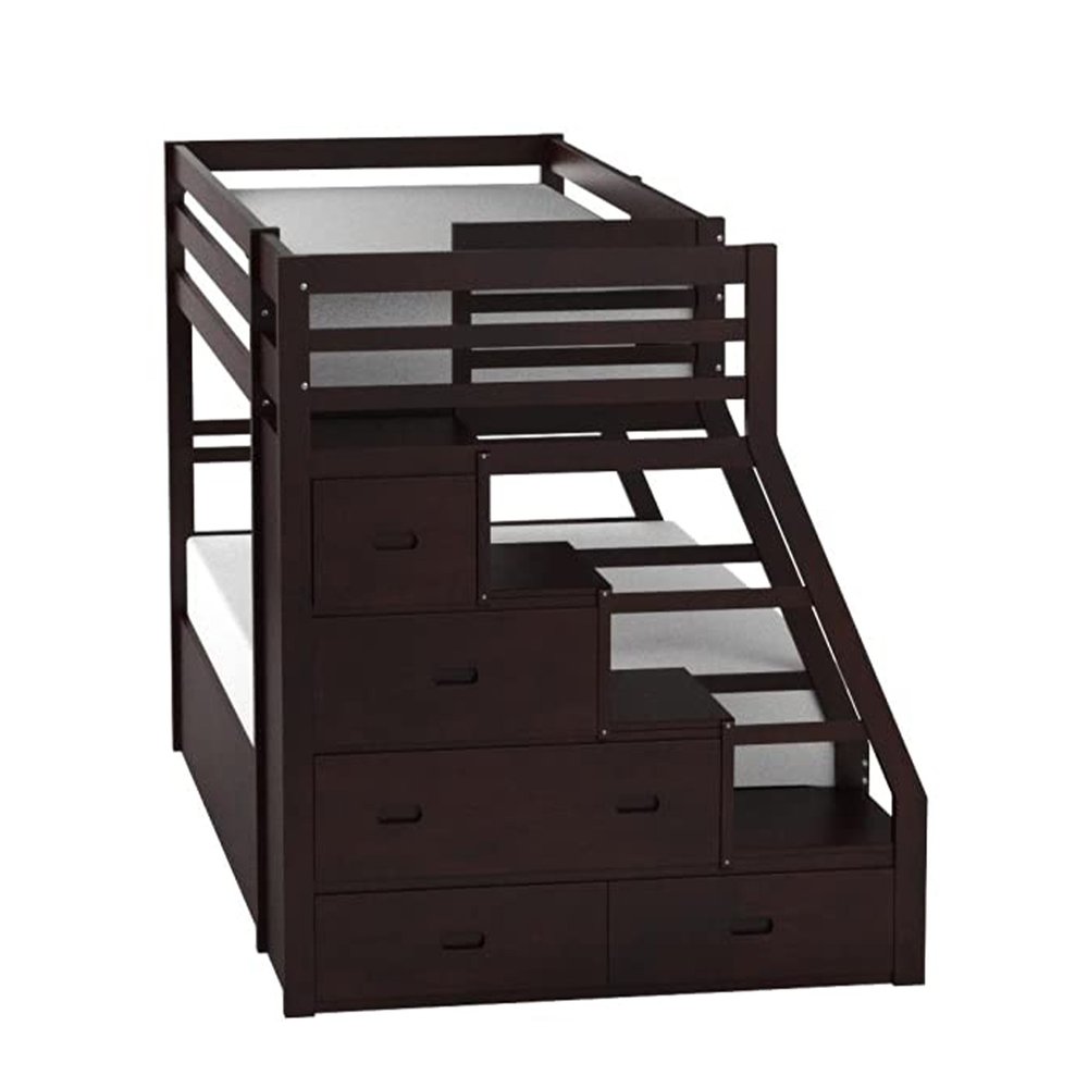 Litera Espresso de madera maciza con dos camas individuales sobre una cama matrimonial, cama nido y espacio de almacenamiento