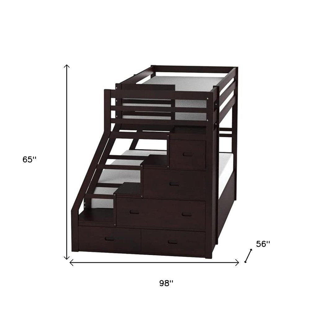 Litera Espresso de madera maciza con dos camas individuales sobre una cama matrimonial, cama nido y espacio de almacenamiento