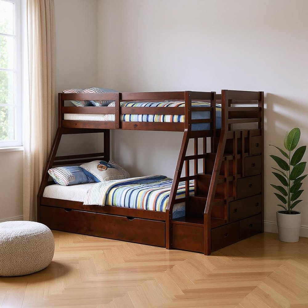 Litera Espresso de madera maciza con dos camas individuales sobre una cama matrimonial, cama nido y espacio de almacenamiento