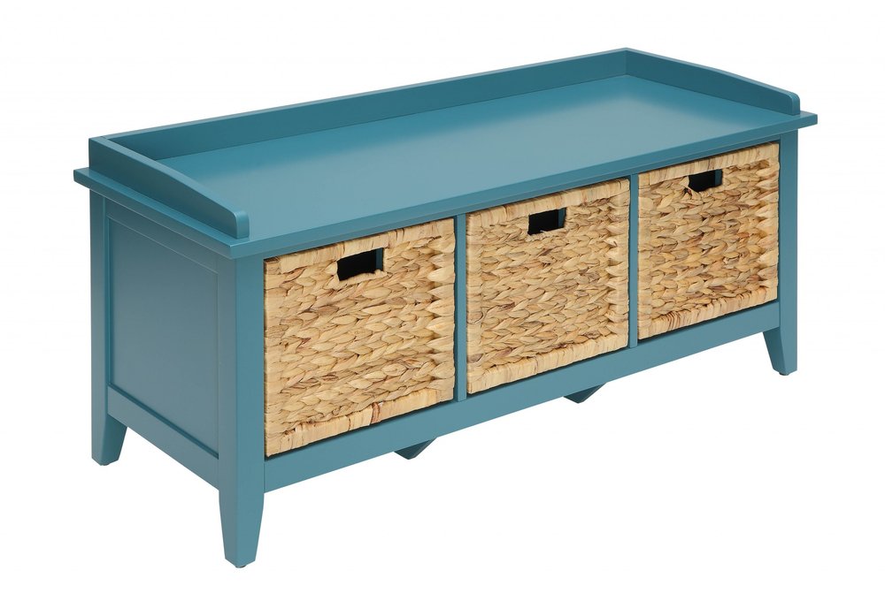 43" White Distressed Solid Wood Storage Bench with Baskets