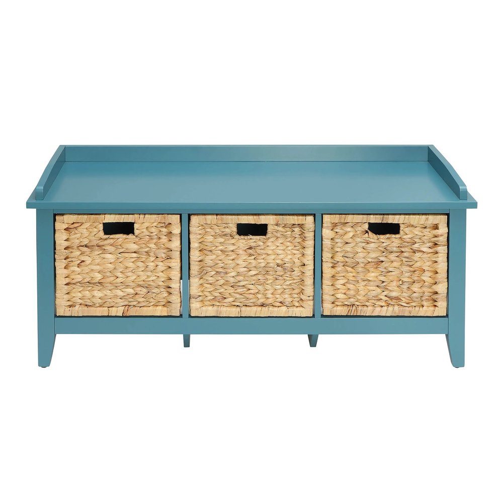 43" White Distressed Solid Wood Storage Bench with Baskets