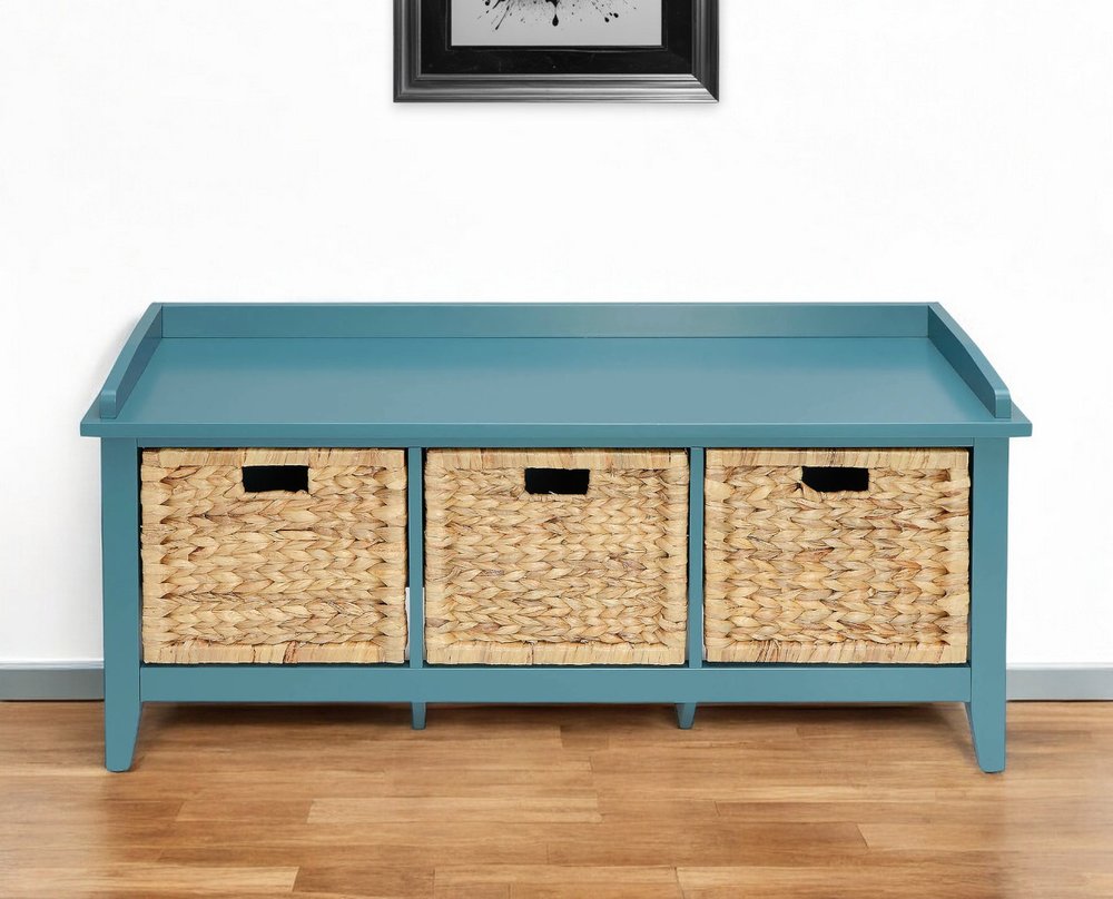 43" White Distressed Solid Wood Storage Bench with Baskets