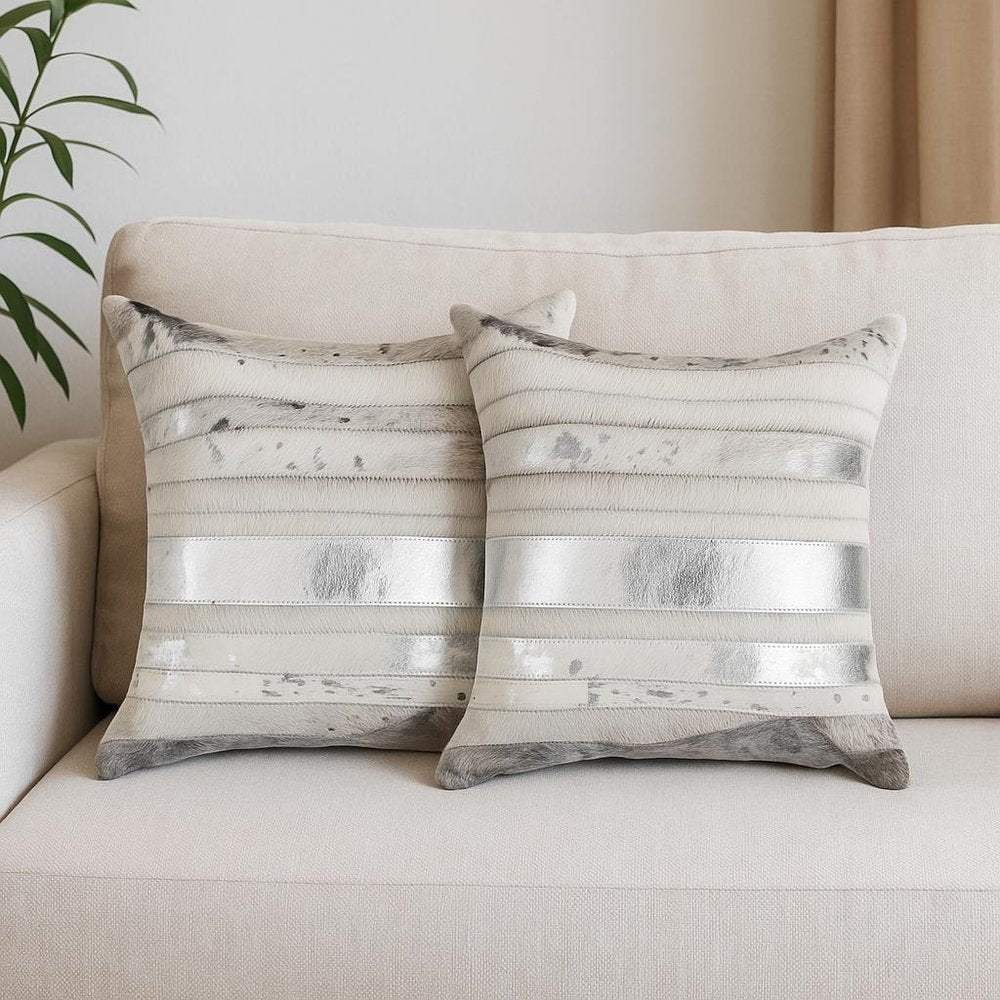 Set of Two Silver and Gray Cowhide Throw Pillow