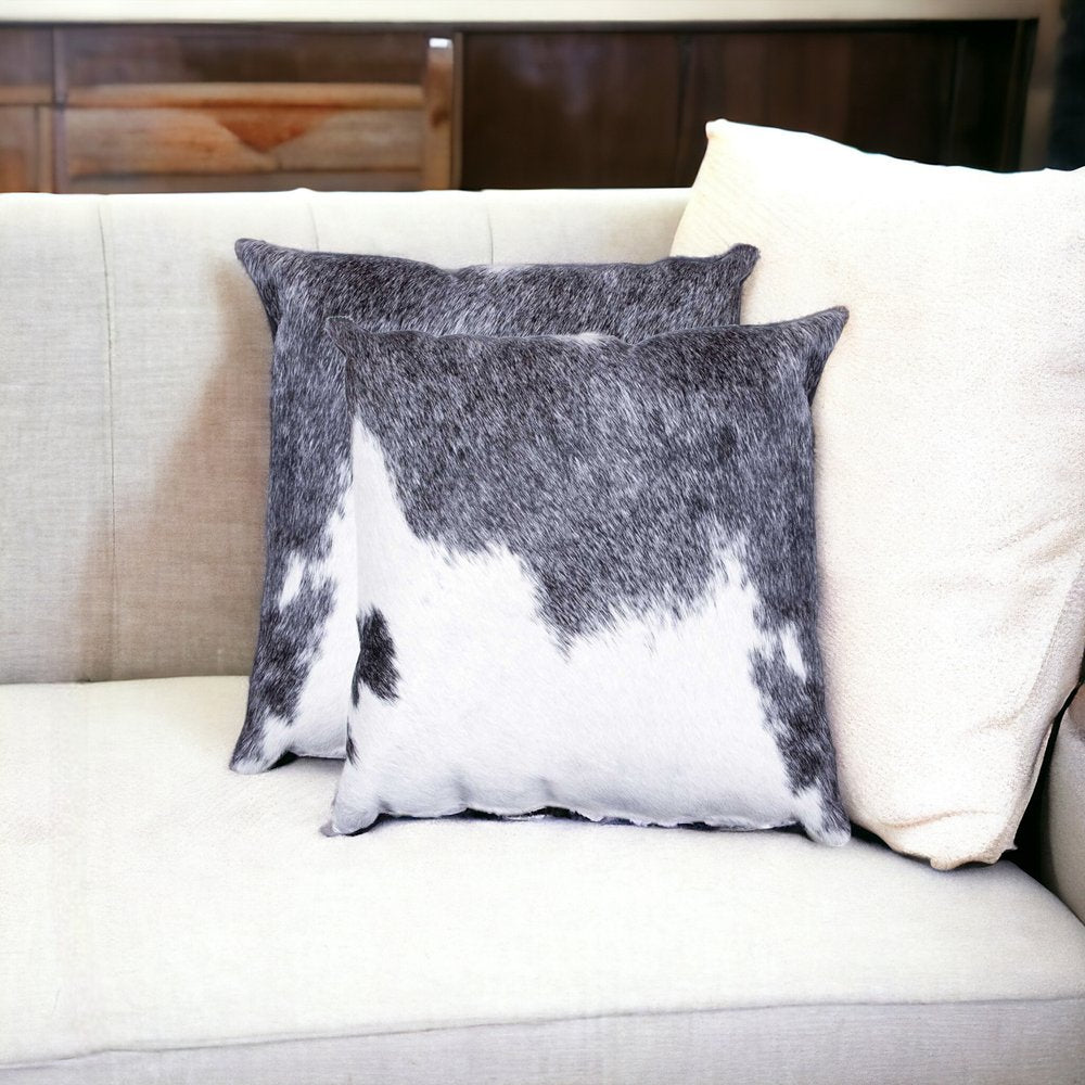 Set of Two Silver and Gray Cowhide Throw Pillow