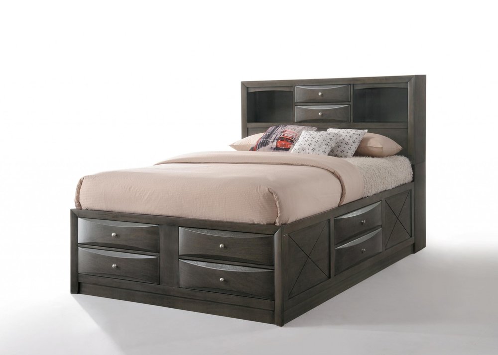 Cama Queen de madera maciza gris con diez cajones