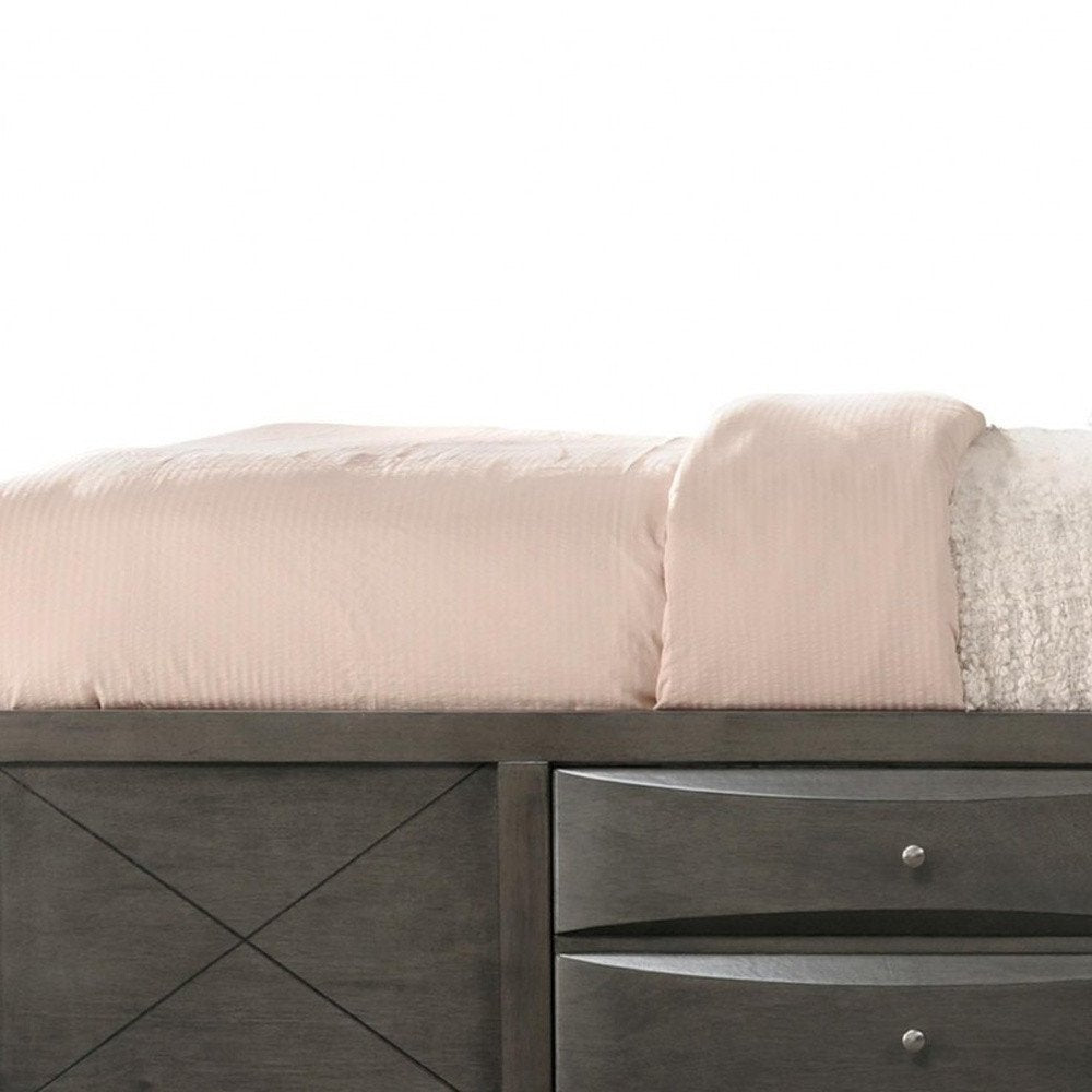Cama Queen de madera maciza gris con diez cajones