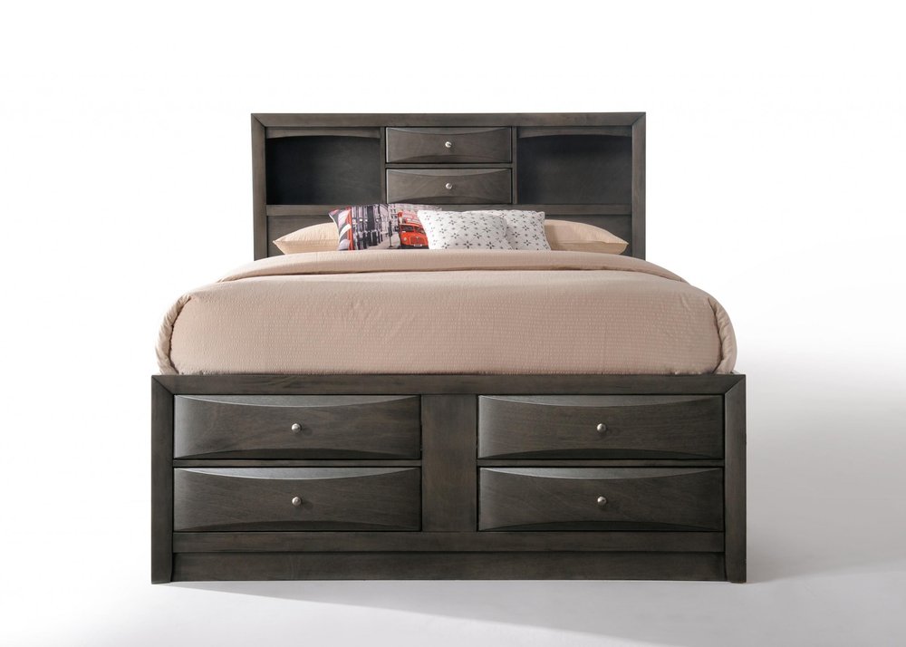 Cama Queen de madera maciza gris con diez cajones