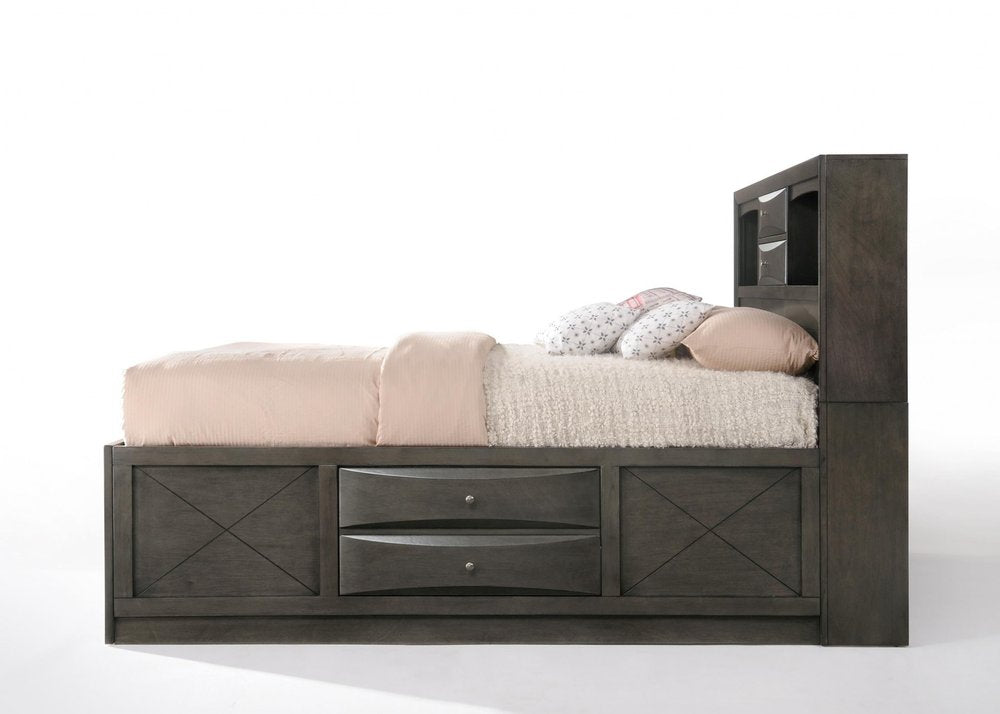 Cama Queen de madera maciza gris con diez cajones