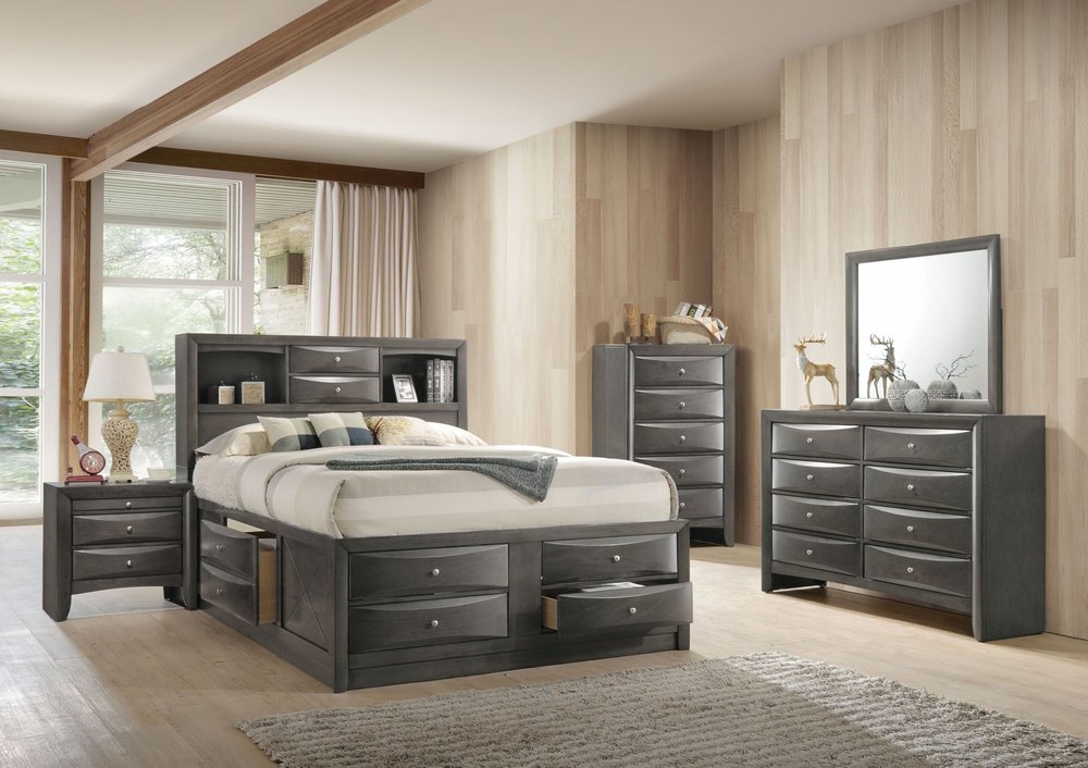 Cama Queen de madera maciza gris con diez cajones