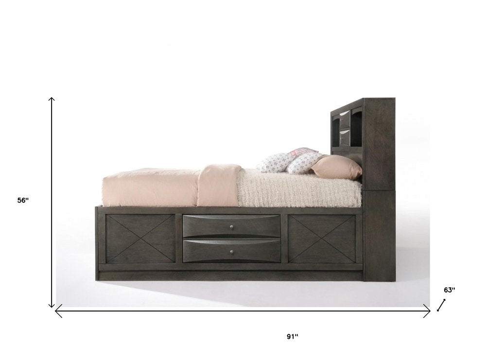 Cama Queen de madera maciza gris con diez cajones