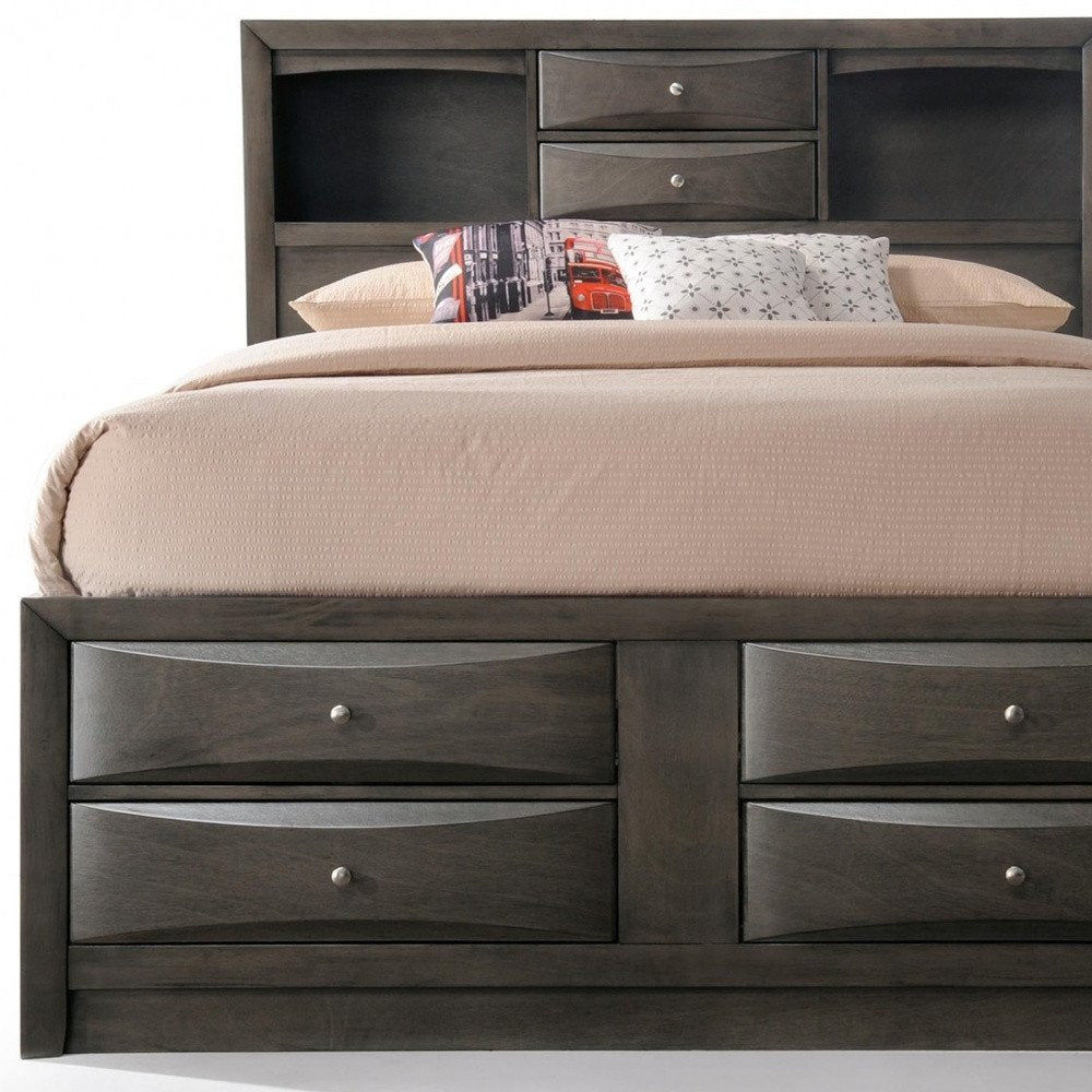 Cama Queen de madera maciza gris con diez cajones