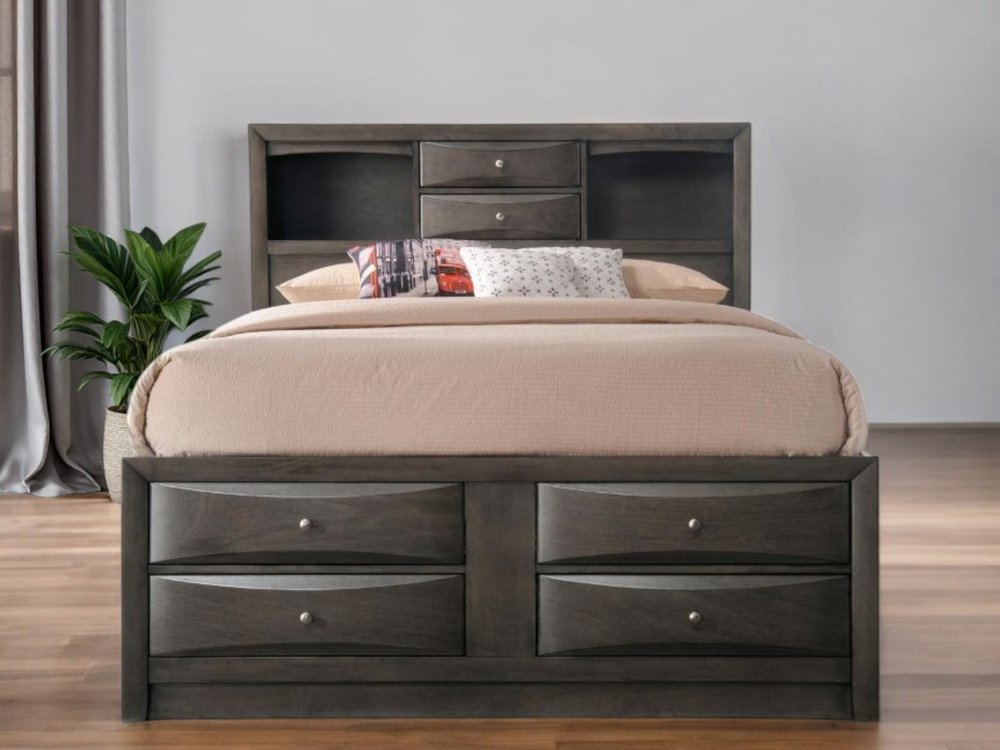Cama Queen de madera maciza gris con diez cajones