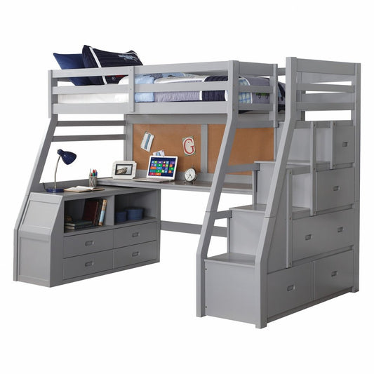 Cama alta tamaño twin de madera de pino con acabado gris