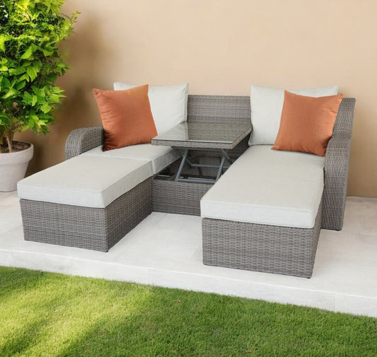 Conjunto de tres piezas de mimbre gris para exteriores con cojines beige
