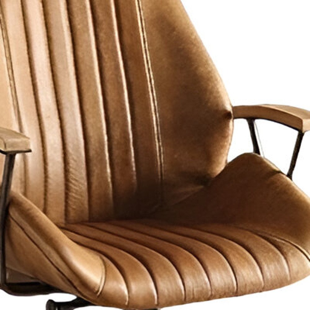 Silla de oficina giratoria ajustable de cuero sintético en color café y negro
