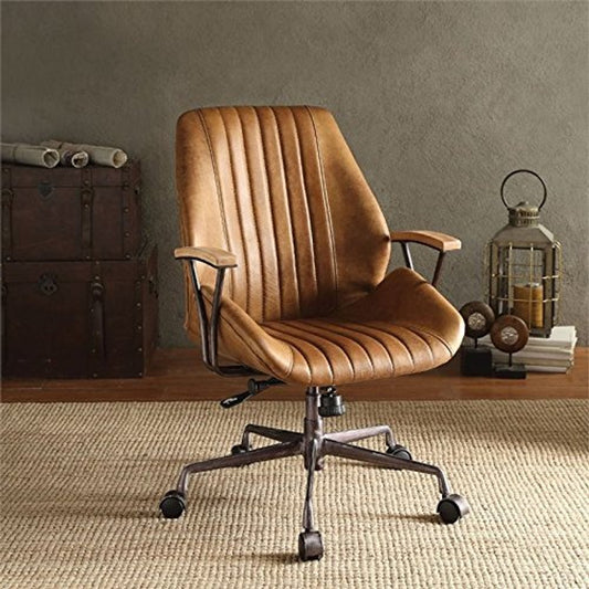 Silla de oficina giratoria ajustable de cuero sintético en color café y negro