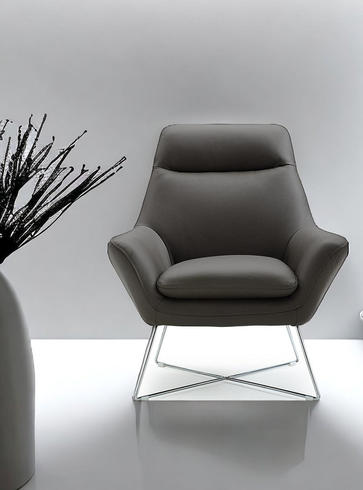 33" Gray and Silver Italian Leather Tufted Arm Chair