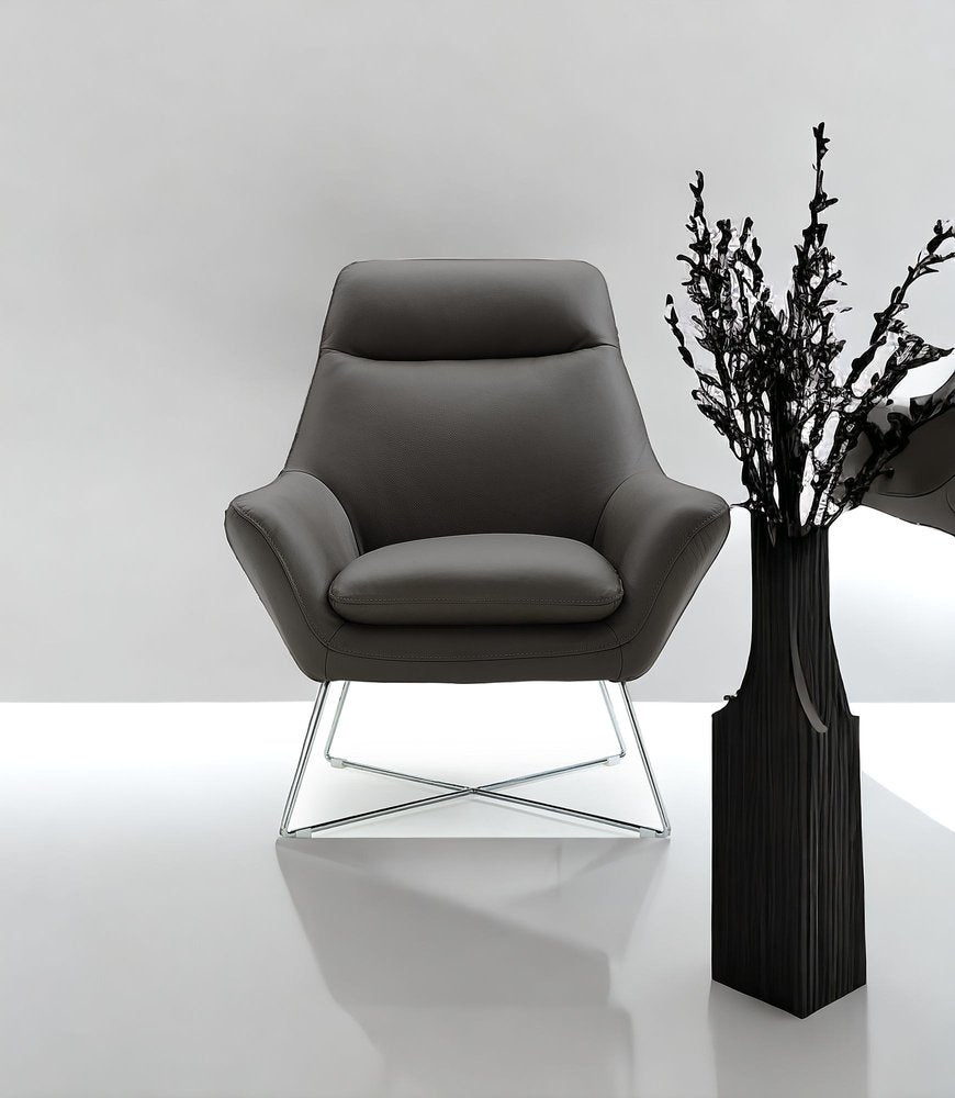 33" Gray and Silver Italian Leather Tufted Arm Chair