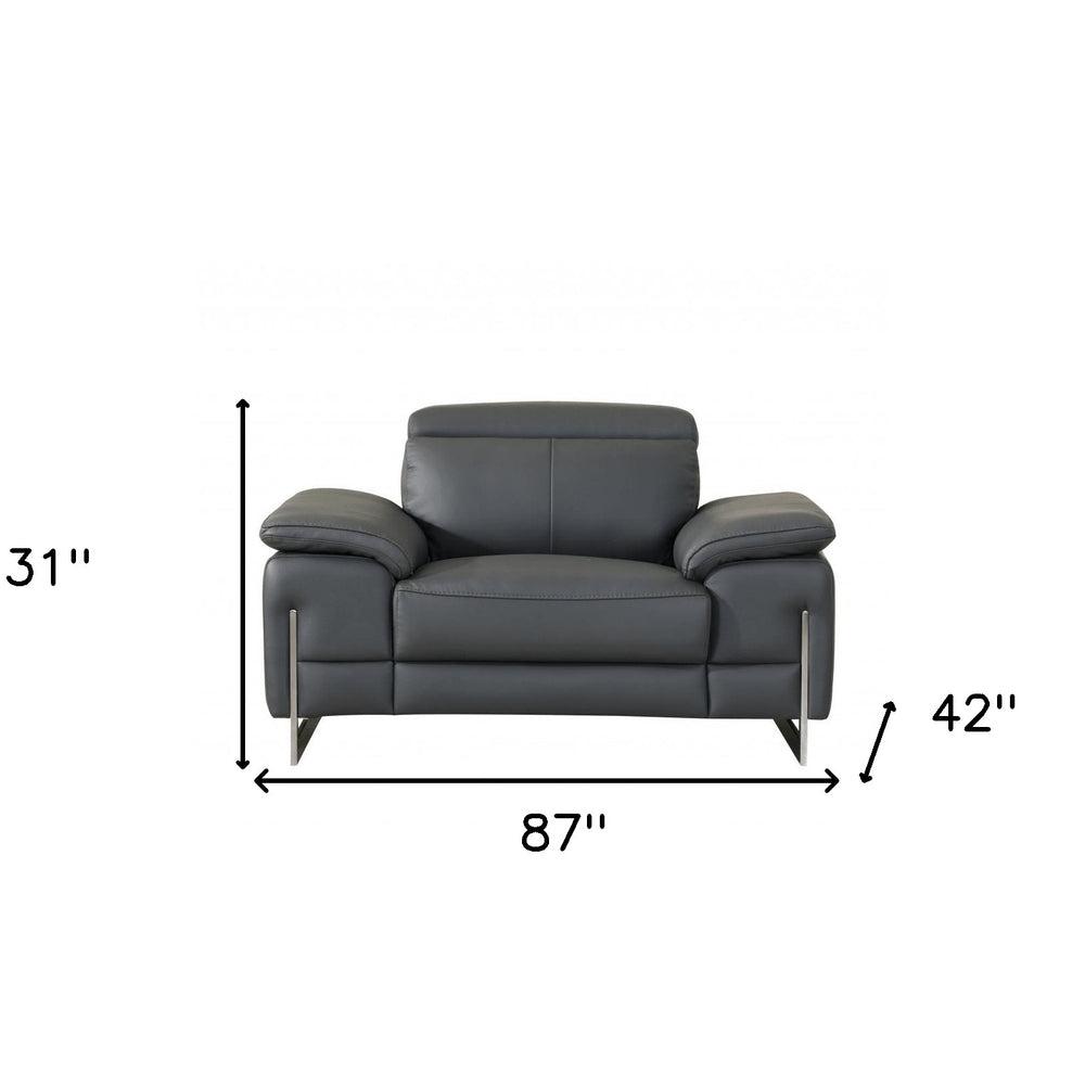 87" Gray And Silver Faux Leather Club Chair