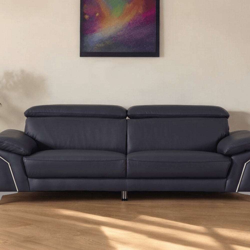 87" Blue Italian Leather Sofa With Silver Legs