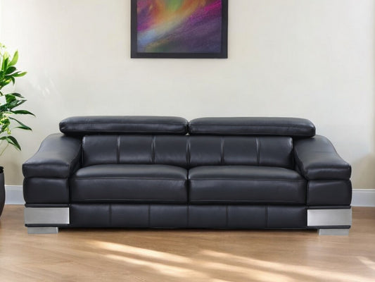 87" Blue Italian Leather Sofa With Silver Legs