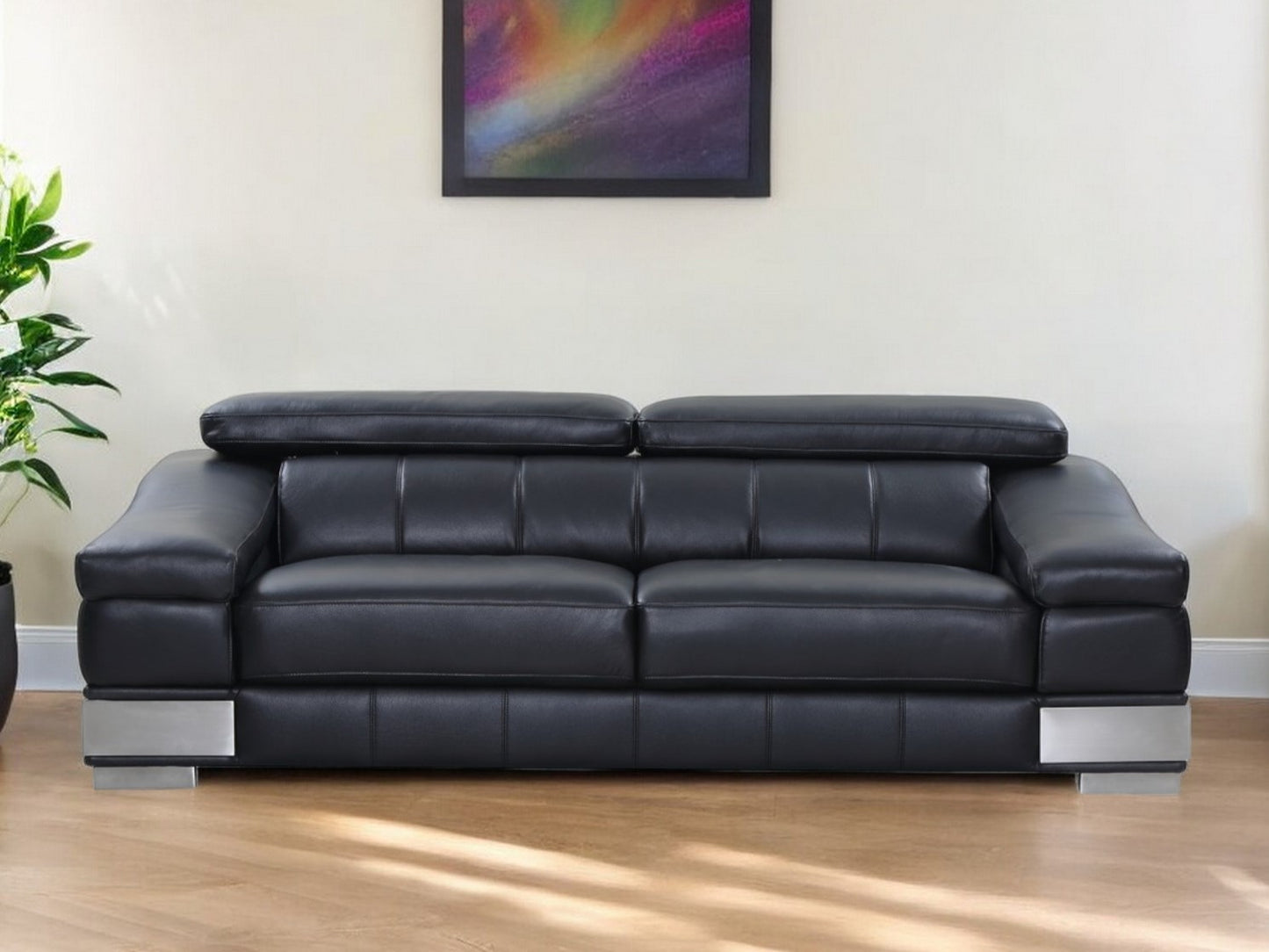 87" Blue Italian Leather Sofa With Silver Legs