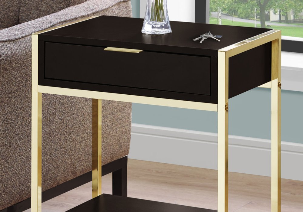 24" Gold And Dark Brown Wood And Metal End Table With Drawer And Shelf