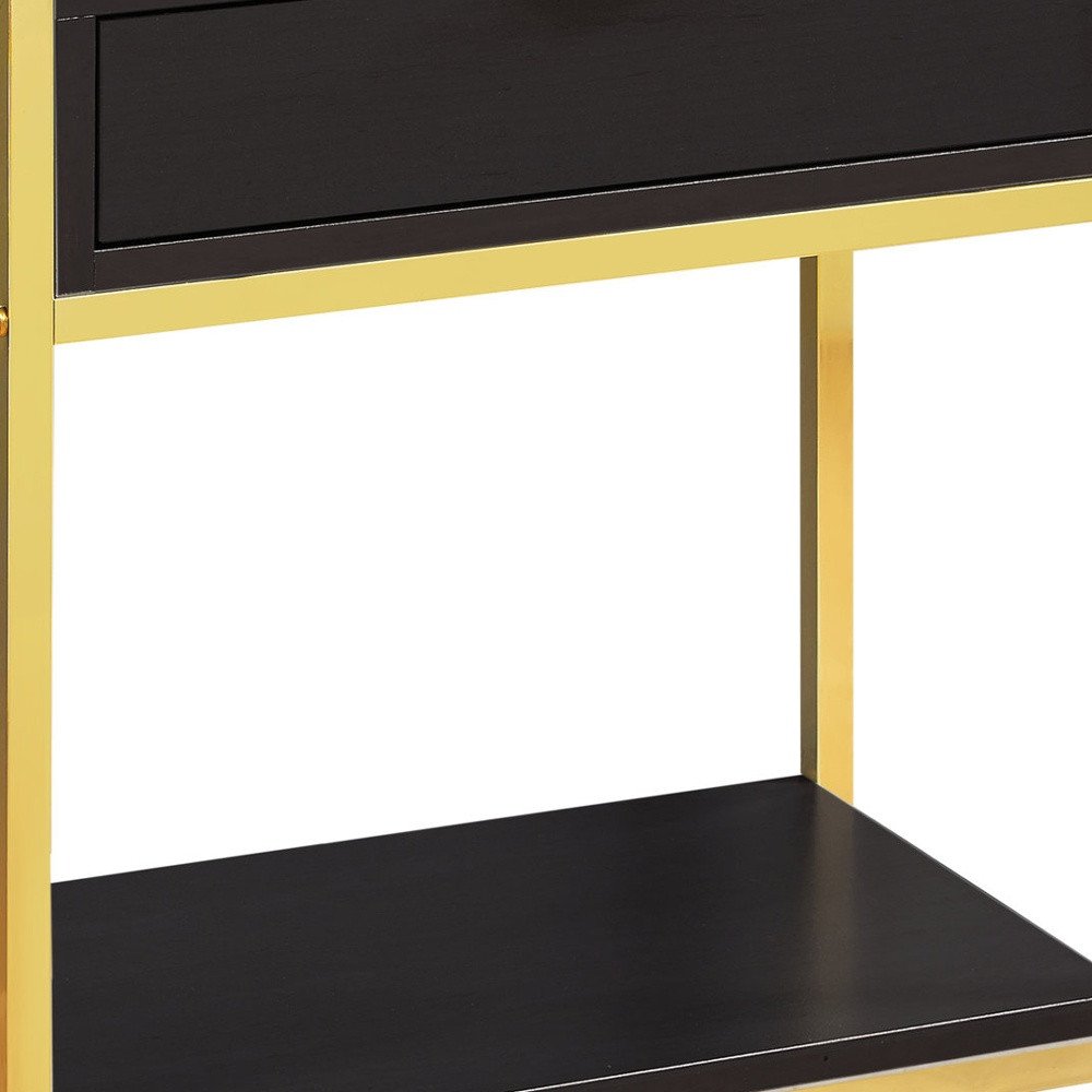 24" Gold And Dark Brown Wood And Metal End Table With Drawer And Shelf