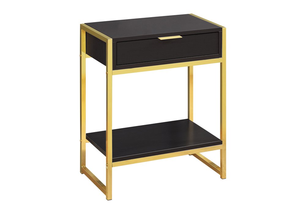 24" Gold And Dark Brown Wood And Metal End Table With Drawer And Shelf