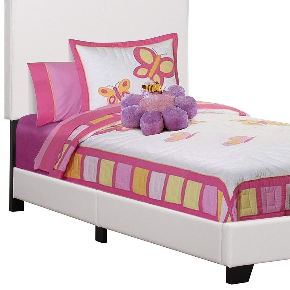 Marco de cama individual de madera maciza blanca con tapizado de cuero sintético
