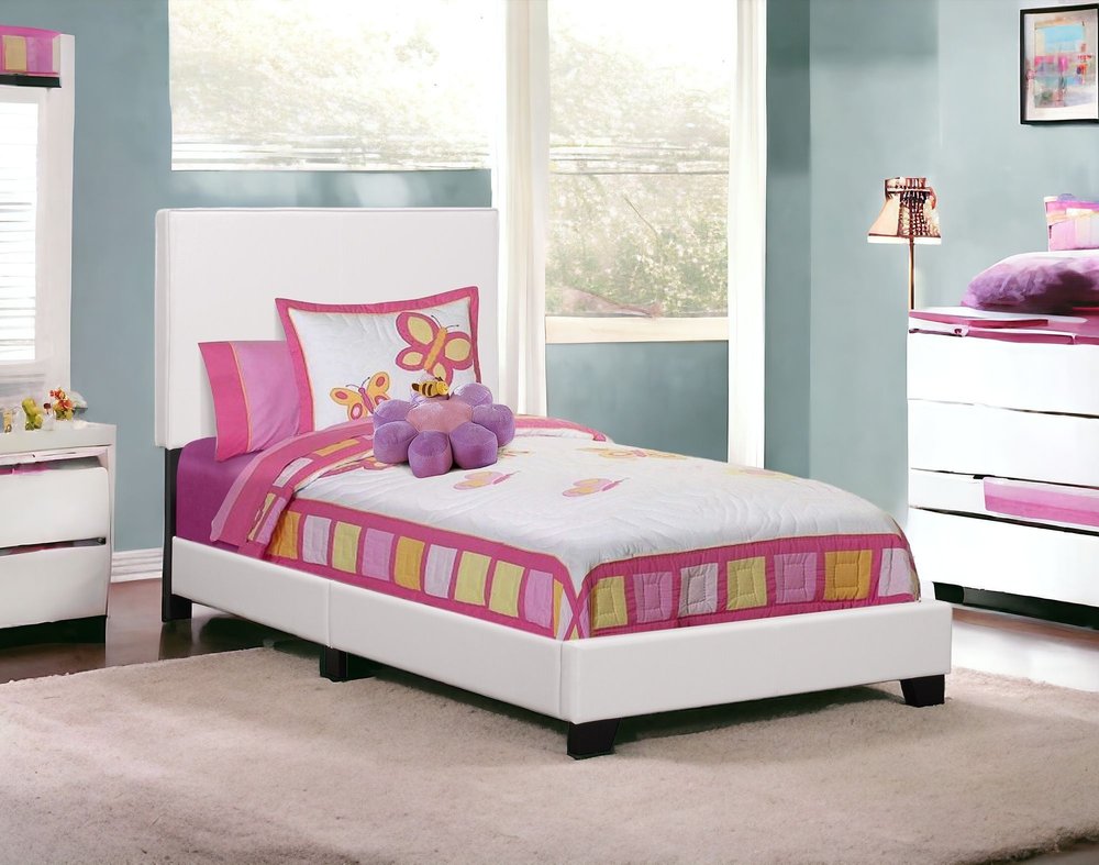 Marco de cama individual de madera maciza blanca con tapizado de cuero sintético
